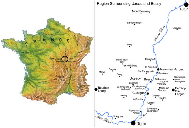 Ons onderzoeksgebied in zuidelijk Bourgondië, Frankrijk. Het onderzoek werd uitgevoerd in en rondom de commune van Uxeau, weergegeven in het midden rechts.
