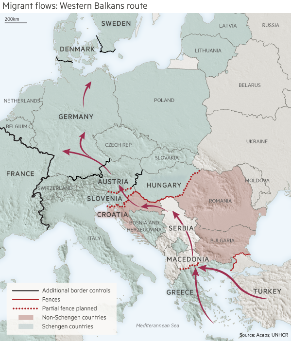 Stroom van migranten. Route over de westelijke Balkan.