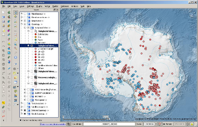 Schermafbeelding van Quantarctica, die een van de gegevenssets van subglaciale meren toont. 
