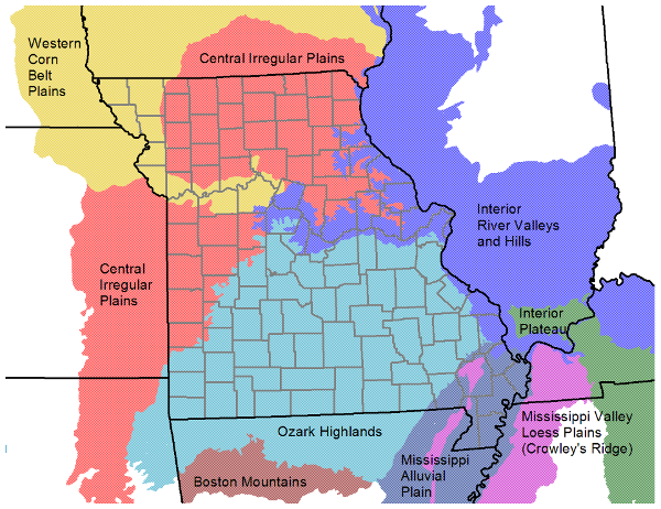 Gelabelde Level III Ecoregion-kaart voor Missouri