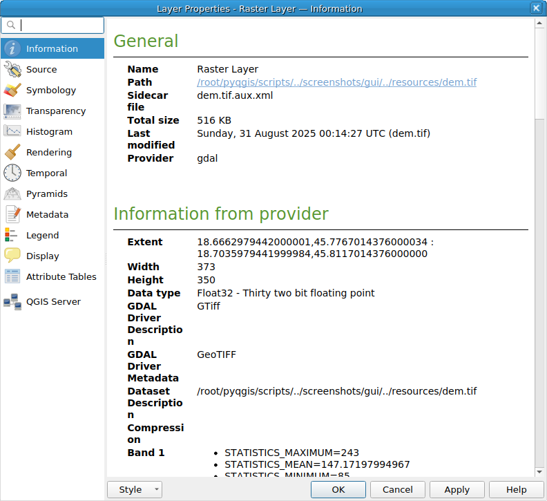 QgsRasterLayerProperties showing the 'Information' page