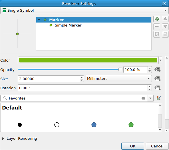 QgsRendererPropertiesDialog showing a QgsSingleSymbolRenderer in the default (dialog) mode