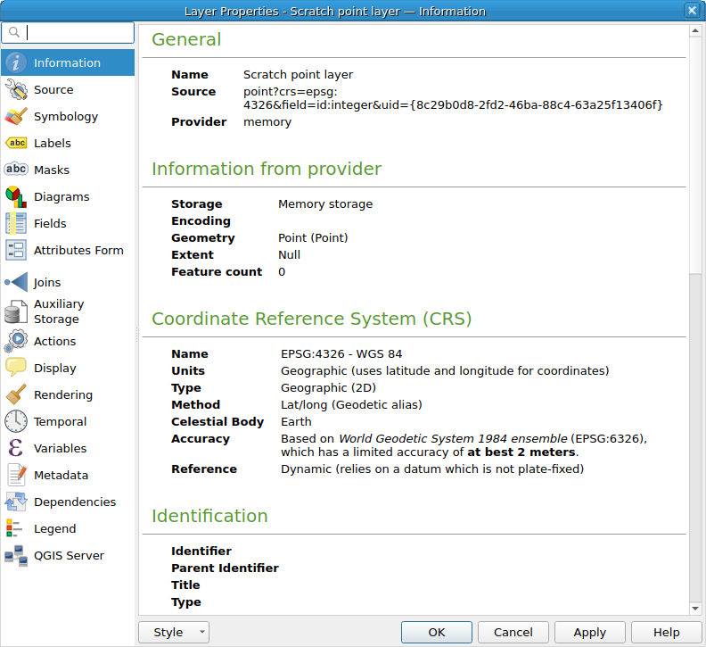 QgsVectorLayerProperties showing the 'Information' page