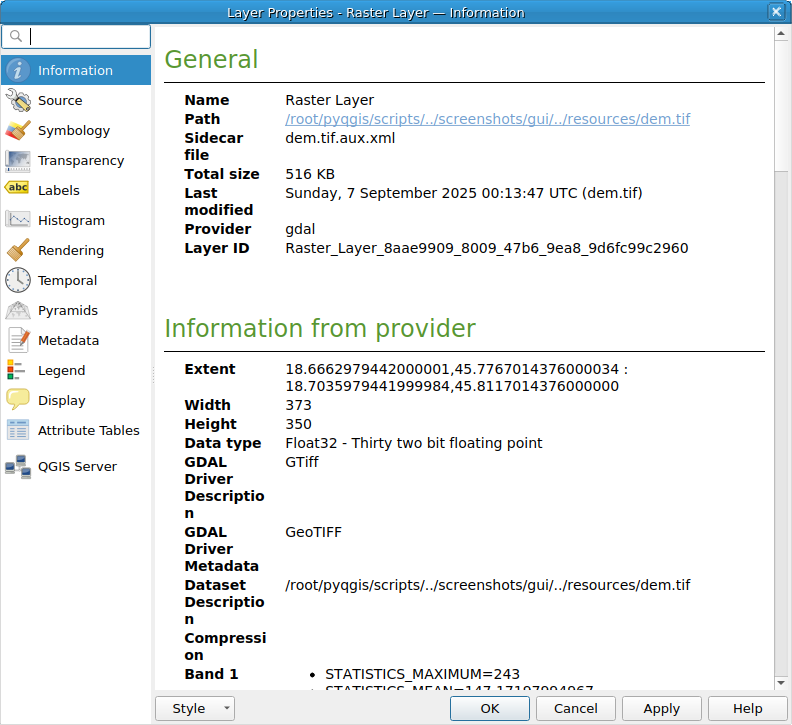 QgsRasterLayerProperties showing the 'Information' page