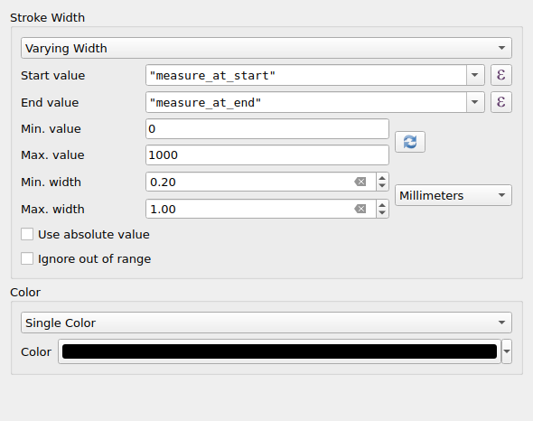 QgsInterpolatedLineSymbolLayerWidget showing variable line width