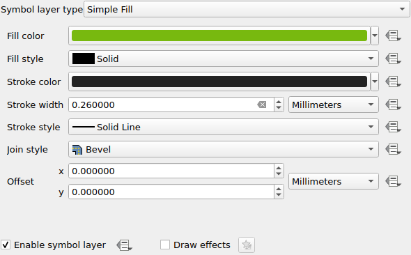 QgsLayerPropertiesWidget showing a simple fill symbol layer