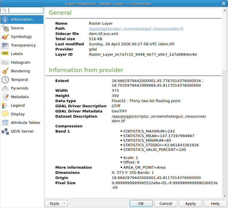 QgsRasterLayerProperties showing the 'Information' page