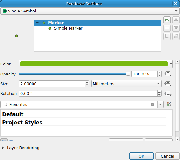 QgsRendererPropertiesDialog showing a QgsSingleSymbolRenderer in the default (dialog) mode