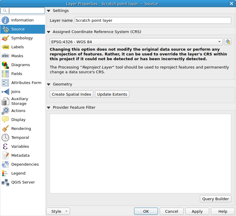QgsVectorLayerProperties showing the 'Source' page