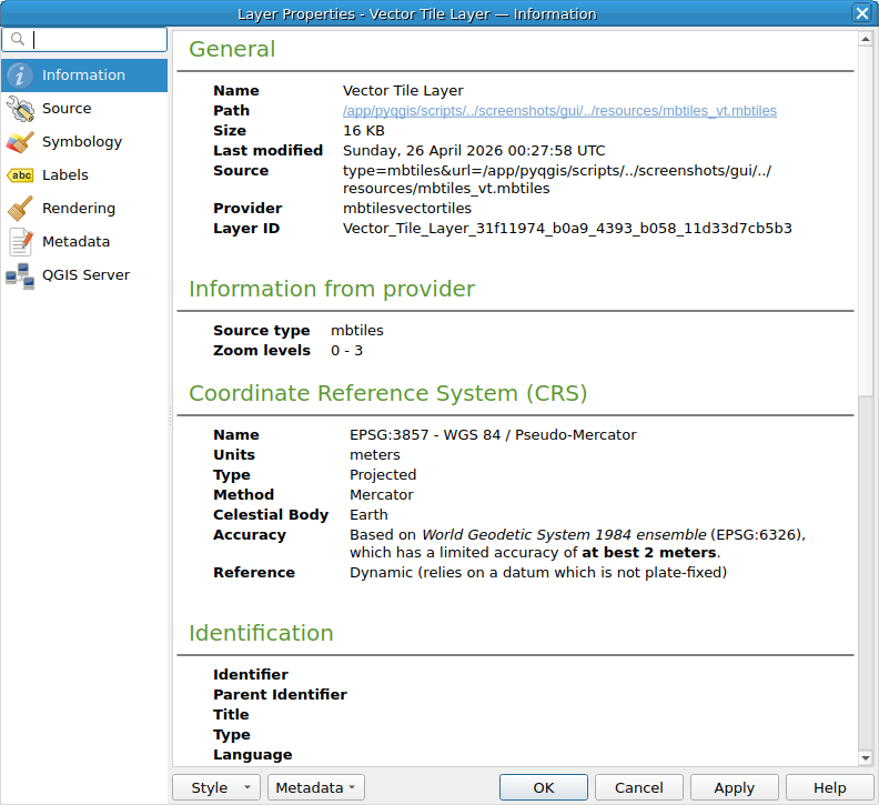 QgsVectorTileLayerProperties showing the 'Information' page