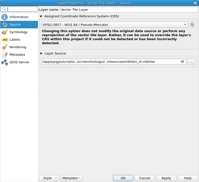 QgsVectorTileLayerProperties showing the 'Source' page