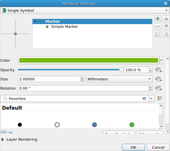 QgsRendererPropertiesDialog showing a QgsSingleSymbolRenderer in the default (dialog) mode