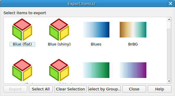 QgsStyleExportImportDialog showing the export mode
