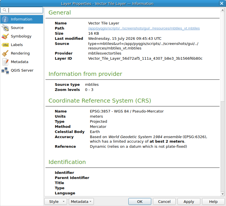 QgsVectorTileLayerProperties showing the 'Information' page