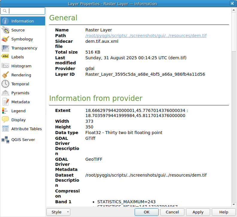 QgsRasterLayerProperties showing the 'Information' page