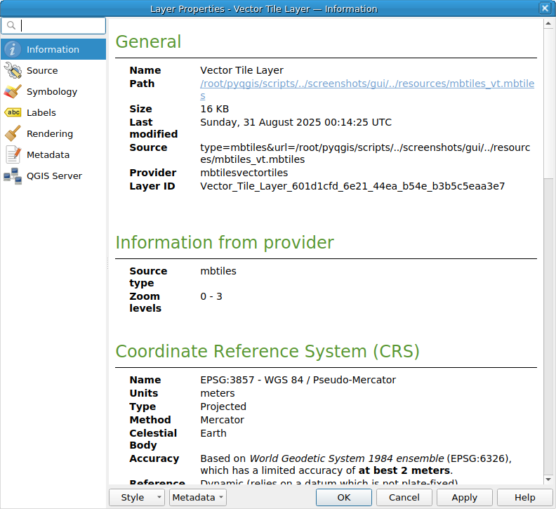 QgsVectorTileLayerProperties showing the 'Information' page