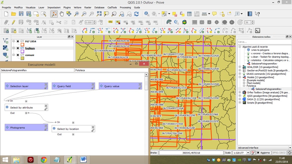 Schema modelatorului grafic folosit în instrumentul de selecție (în fundal: cu violet trapezele hărții; cu portocaliu locațiile fotogramelor; cu maro granițele administrative ale municipalităților)