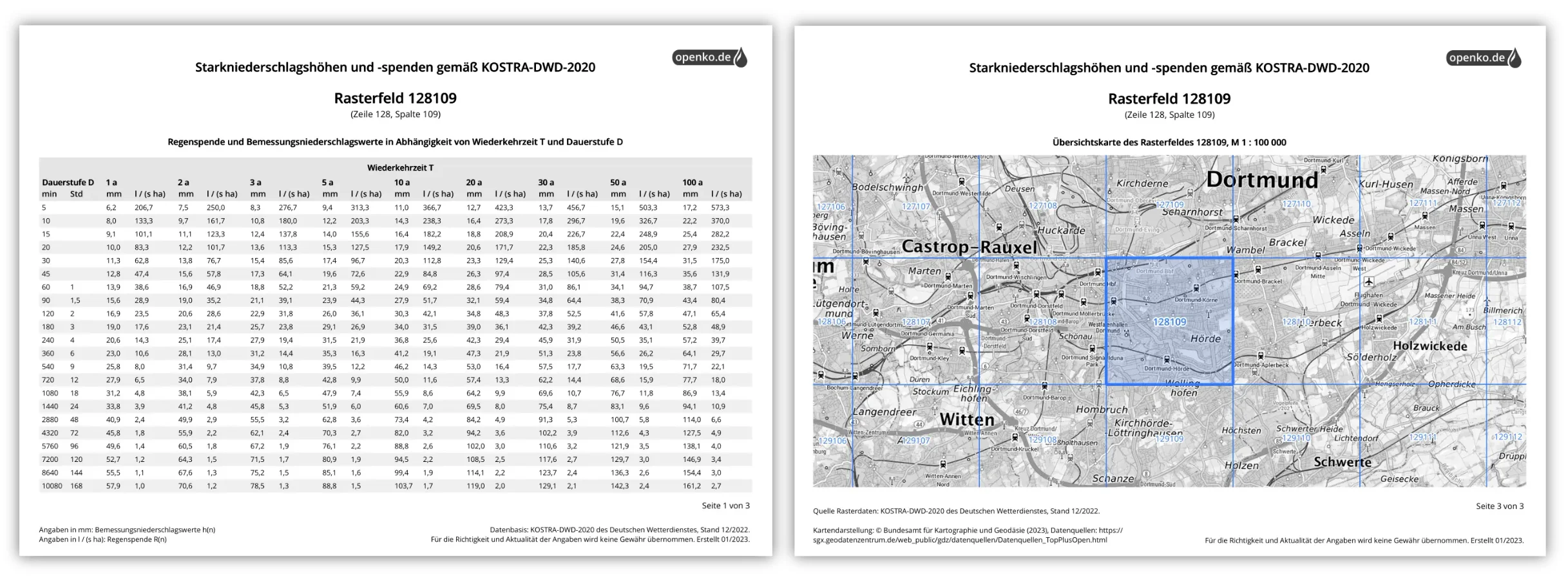 Example excerpt of a KOSTRA PDF table including a map
